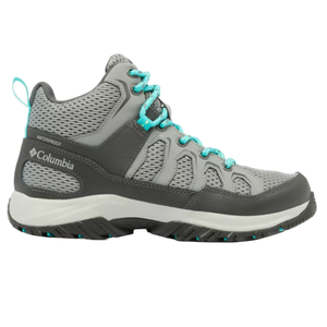 Columbia Granite Trail Shoes are waterproof hiking shoes featuring a gray and dark gray color scheme with turquoise laces. They offer a durable design with mesh and synthetic overlays for breathability and support, suitable for various outdoor activities.