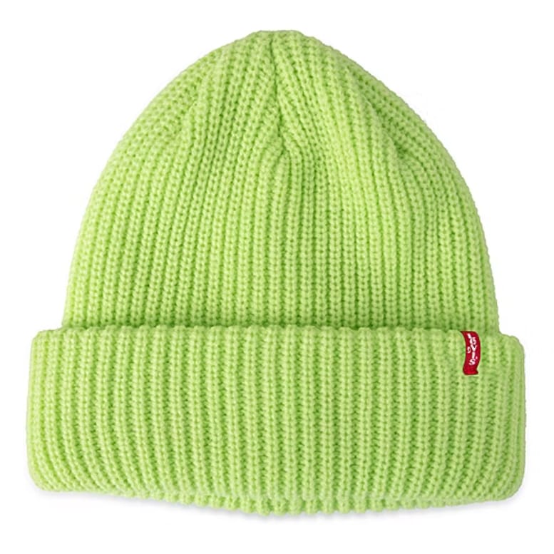 Lime green ribbed knit beanie with a folded cuff and a small red Levi's logo tag on the side.