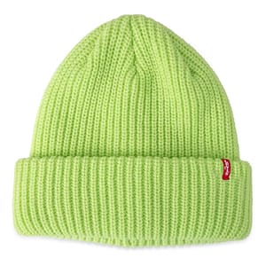 Lime green ribbed knit beanie with a folded cuff and a small red Levi's logo tag on the side.