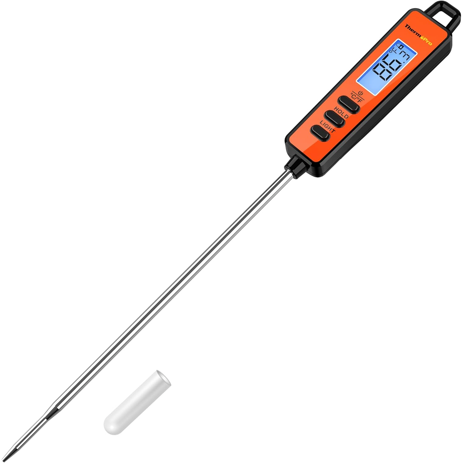 A digital meat thermometer with a long probe and a protective cover, featuring a backlit display and buttons for hold and light functions.