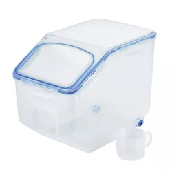 Clear plastic storage container with a blue airtight seal and hinged lid, accompanied by a small measuring scoop.