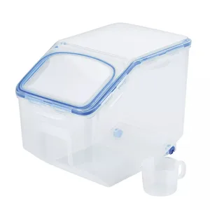Clear plastic storage container with a blue airtight seal and hinged lid, accompanied by a small measuring scoop.