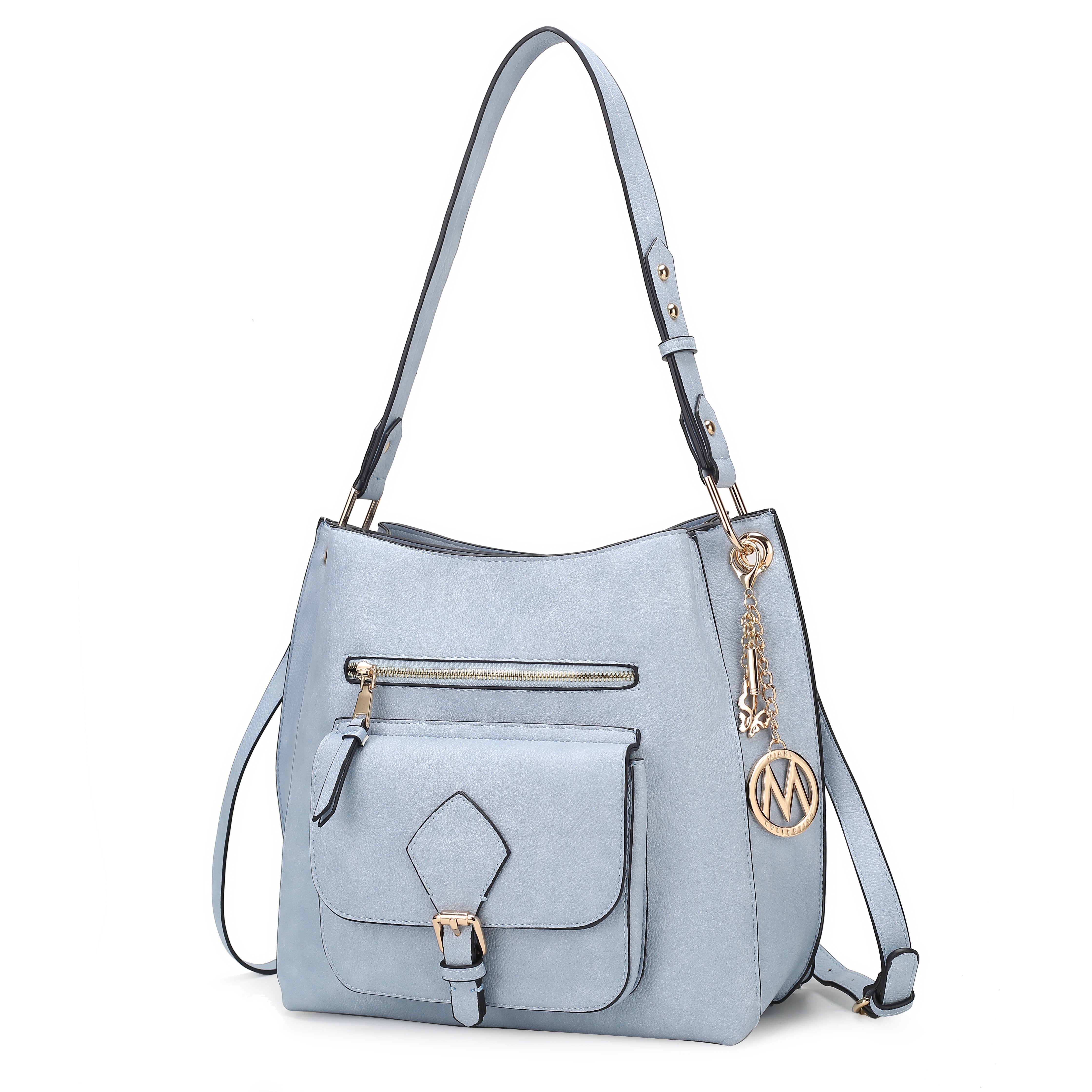 Light blue shoulder bag with adjustable strap, front zipper pocket, and a decorative charm featuring a gold-tone logo circle.