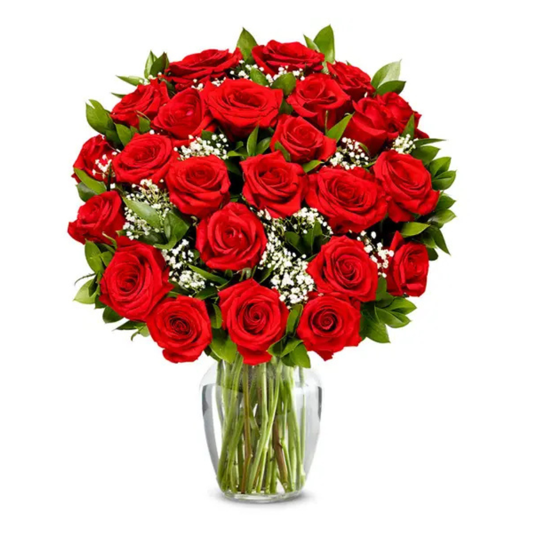 A bouquet of two dozen vibrant red roses arranged with lush green leaves and small white filler flowers in a clear glass vase.