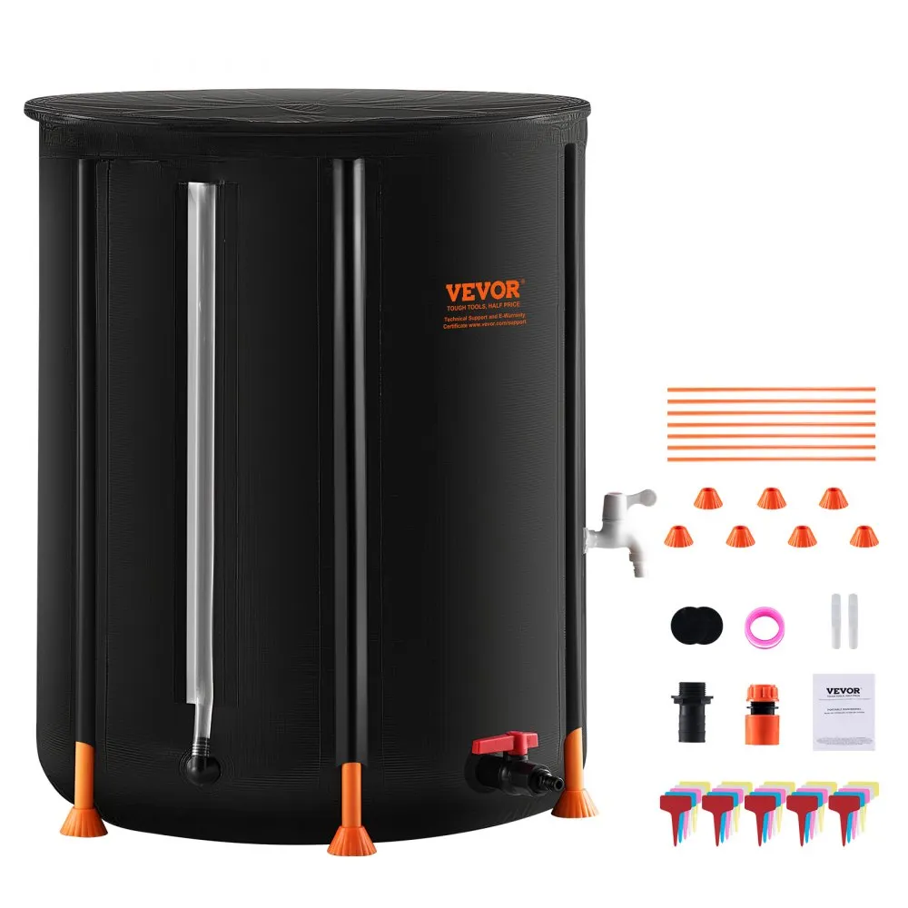 A black Vevor hydroponic bucket kit with accessories including pipes, cones, a tap, connectors, and colorful nozzles.