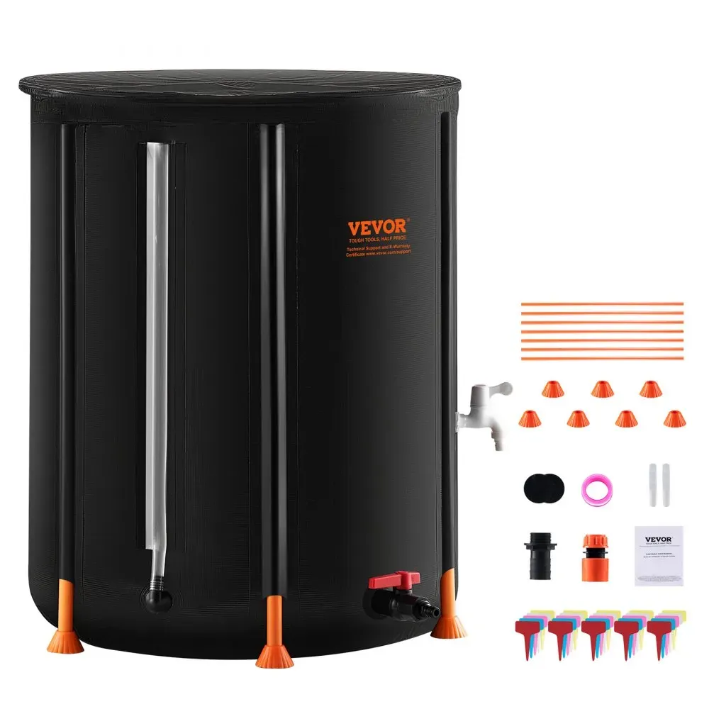 A black Vevor hydroponic bucket kit with accessories including pipes, cones, a tap, connectors, and colorful nozzles.