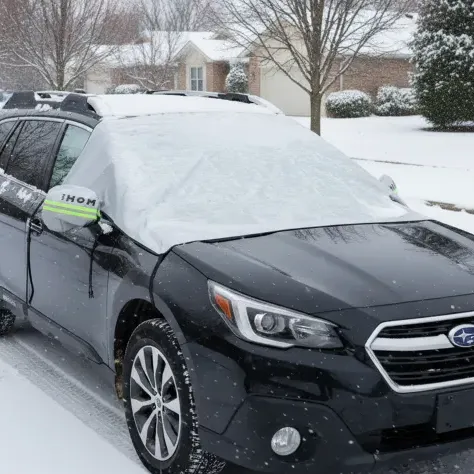 A black Subaru with a windshield cover protecting against snow in a residential area during winter.