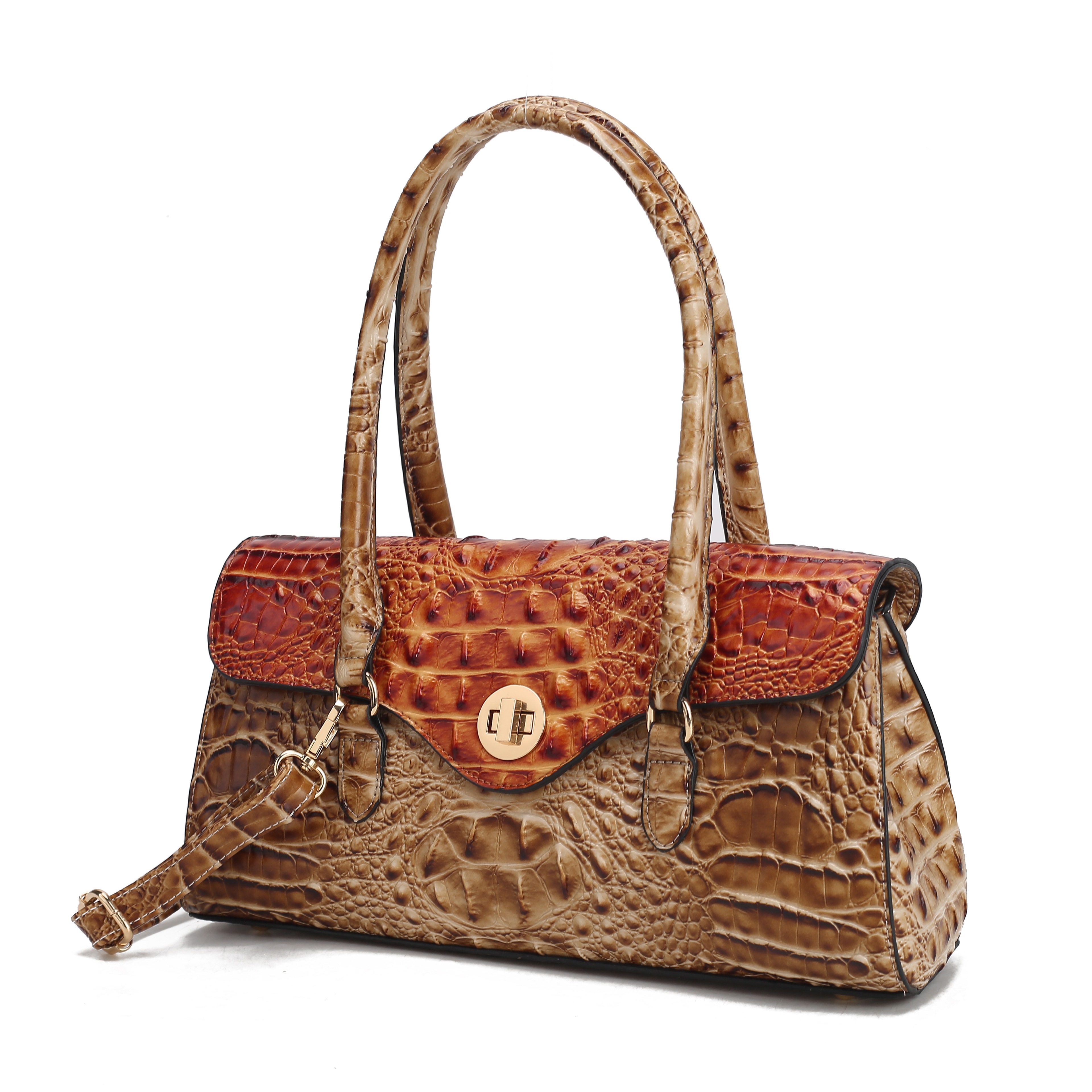 MKF Shoulder Bag featuring a faux crocodile pattern in brown and orange hues, equipped with two handles and a gold-tone twist-lock closure.