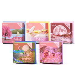 Five Benefit Mini Blush boxes are displayed, each with unique, vibrant designs named Willa, Shellie, Moone, Starlaa, and Crystalh. The blushes feature shades of pink, peach, and plum.