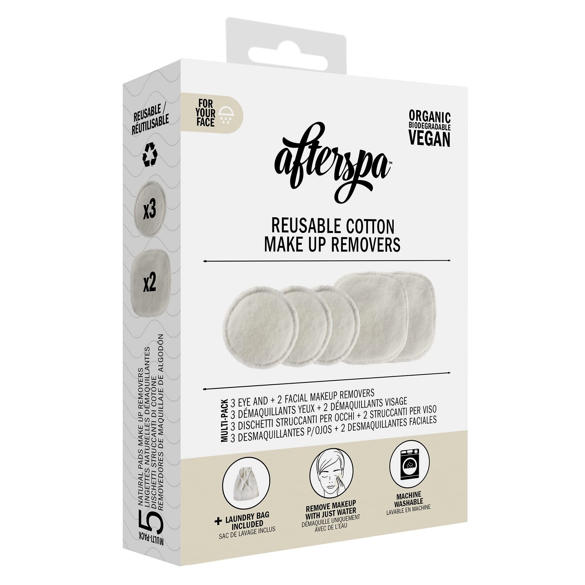 Afterspa reusable cotton makeup removers, including three eye pads and two facial pads with a laundry bag. Organic, biodegradable, and vegan.