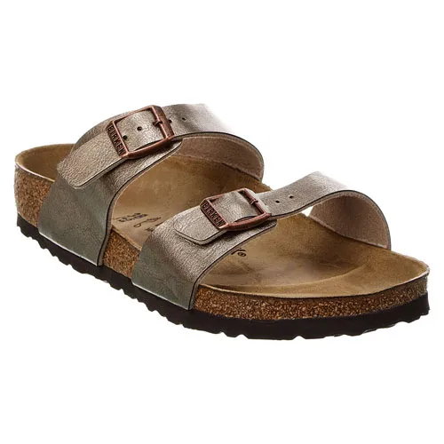 Brown two-strap sandal with adjustable buckles and a cork footbed.