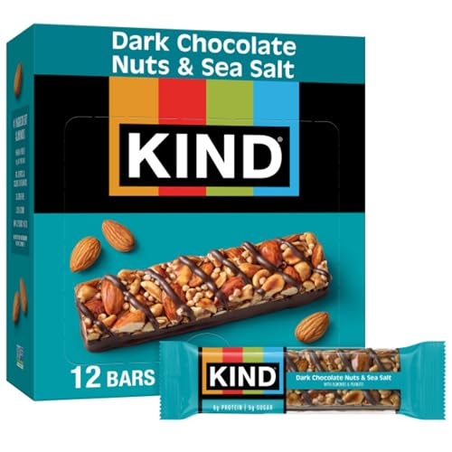 KIND Dark Chocolate Nuts & Sea Salt bars box containing 12 bars, featuring a mix of nuts and dark chocolate with sea salt, wrapped individually.