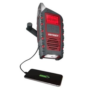 Odyssey emergency radio features a hand-crank, flashlight, and USB port charging a phone.