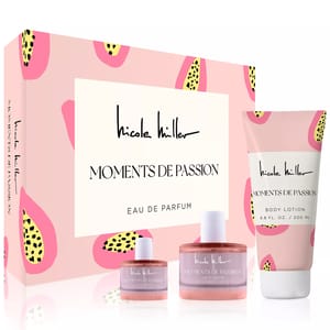Nicole Miller Moments de Passion gift set includes eau de parfum in two sizes and a 6.8 fl. oz. body lotion, presented in packaging with a pink and yellow fruit design.