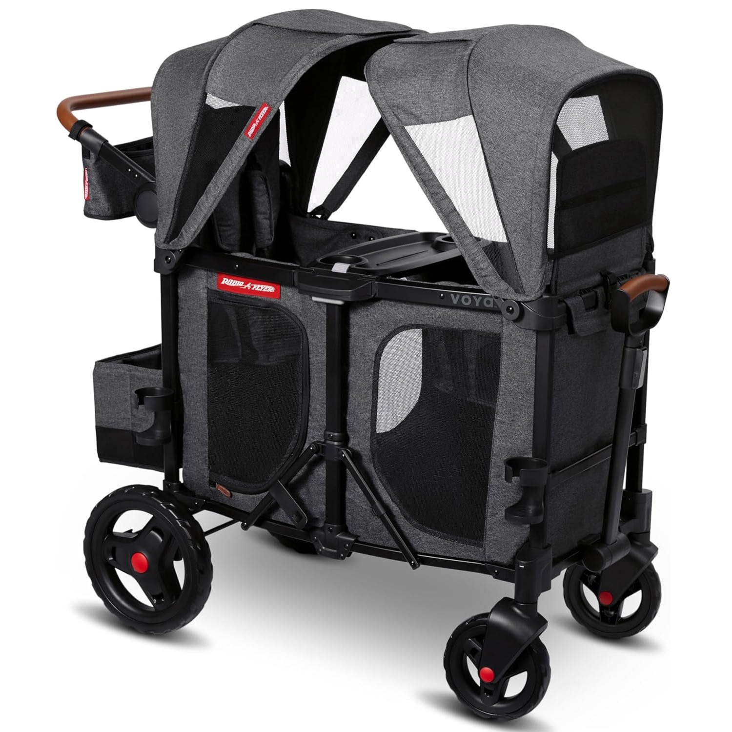 The Radio Flyer Stroller Wagon is a double-seated wagon with canopy covers, four wheels, and a storage compartment. It features sturdy construction and a push handle for easy maneuvering.