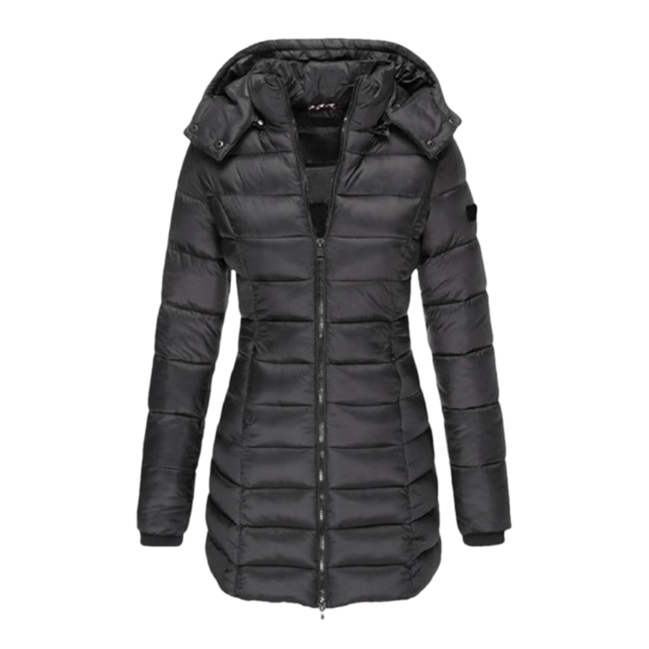Black, long, puffer jacket with a hood and front zipper closure.