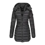Black, long, puffer jacket with a hood and front zipper closure.