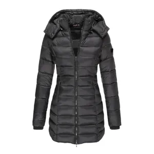 Black, long, puffer jacket with a hood and front zipper closure.