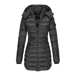 Black, long, puffer jacket with a hood and front zipper closure.