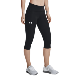 UA Fly Fast Capris are black, knee-length athletic leggings with a high waistband and a white Under Armour logo on the leg. They are paired with gray athletic shoes.