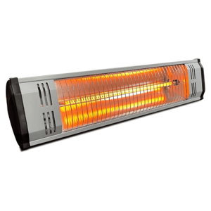 An infrared wall-mounted patio heater with glowing heating elements.