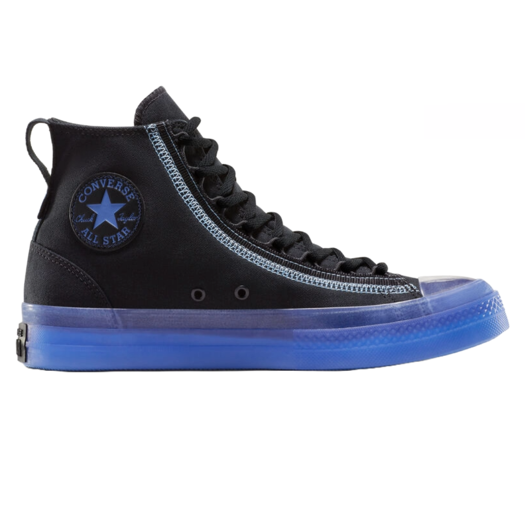 Black high-top Converse shoes with a blue gradient transparent sole, featuring a Chuck Taylor All Star patch and decorative stitching.