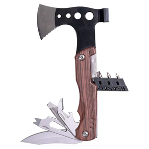 A multi-tool featuring an axe head with a wooden handle, including additional tools such as a folding knife, saw, can opener, wrench, and several screwdriver bits, all integrated into a compact design.