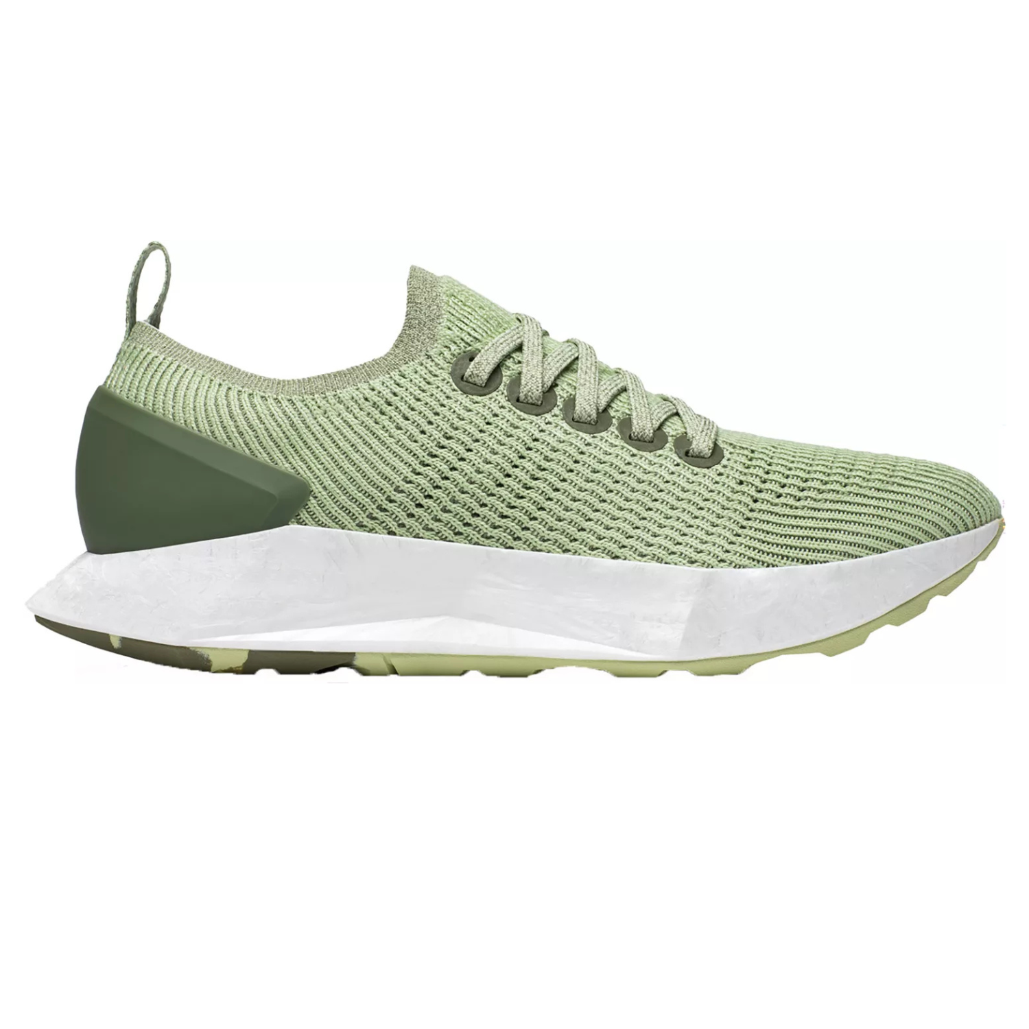 Allbirds Tree Flyer Running Shoes feature a light green knit upper with matching laces and a contrasting white cushioned sole, designed for comfort and performance.