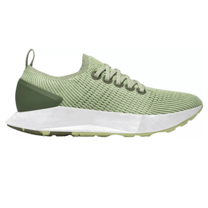Allbirds Tree Flyer Running Shoes feature a light green knit upper with matching laces and a contrasting white cushioned sole, designed for comfort and performance.