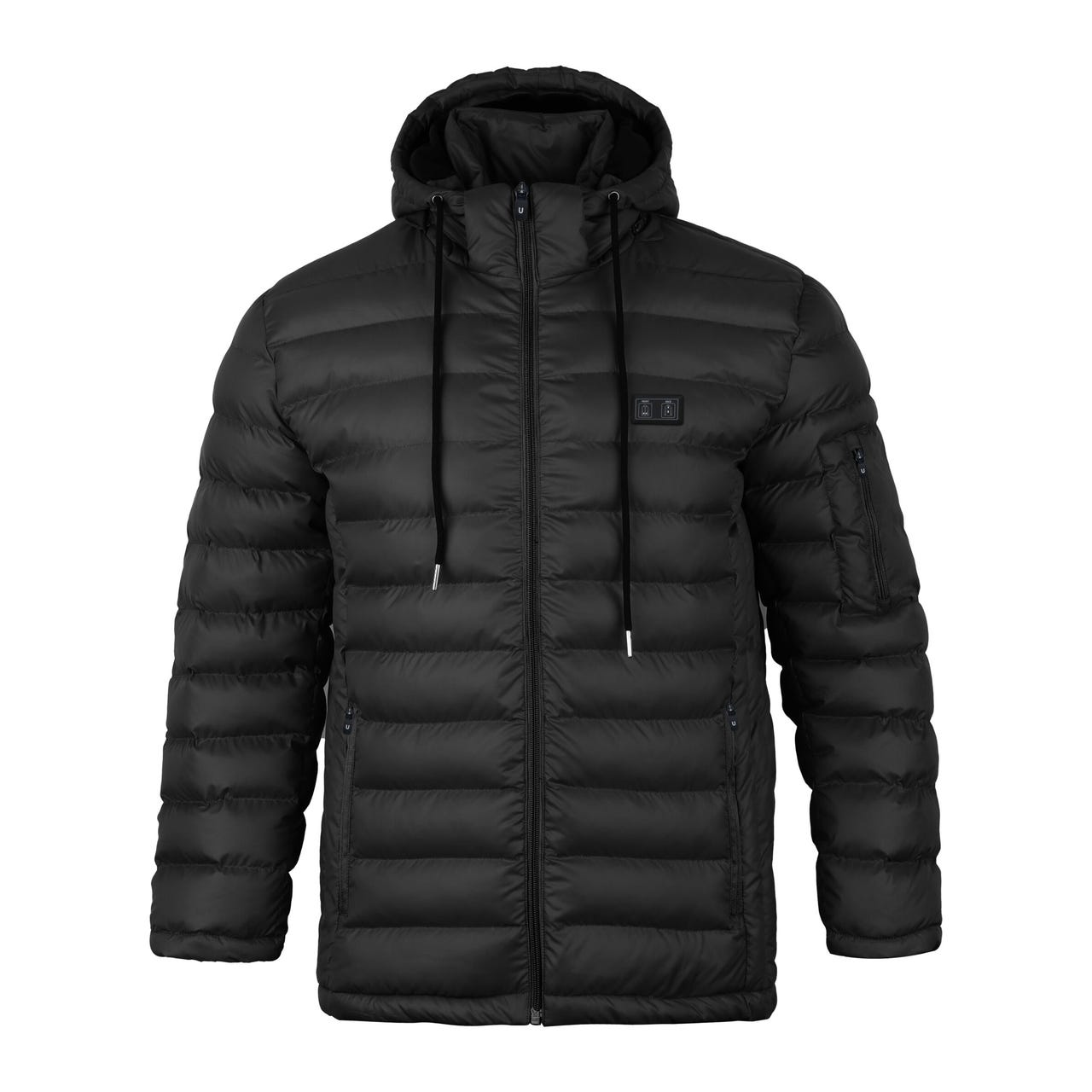The Helios Men's Paffuto Heated Coat is a black, quilted jacket featuring a hood, zippered front, drawstrings, and zippered pockets, designed to provide warmth with its heating elements.