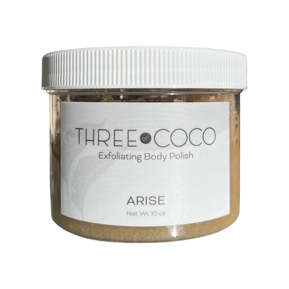Three of Coco Exfoliating Body Polish, Arise scent, in a 10 oz container with a white lid.