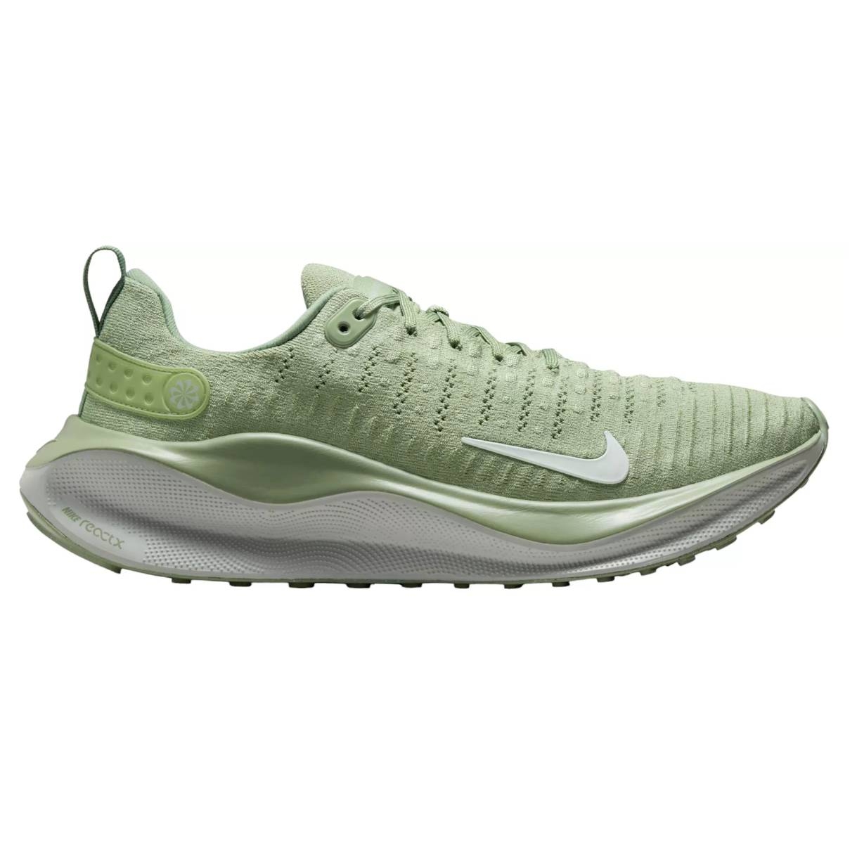 A light green Nike running shoe with a white swoosh and React cushioning, featuring a knit upper and textured midsole for added comfort and style.