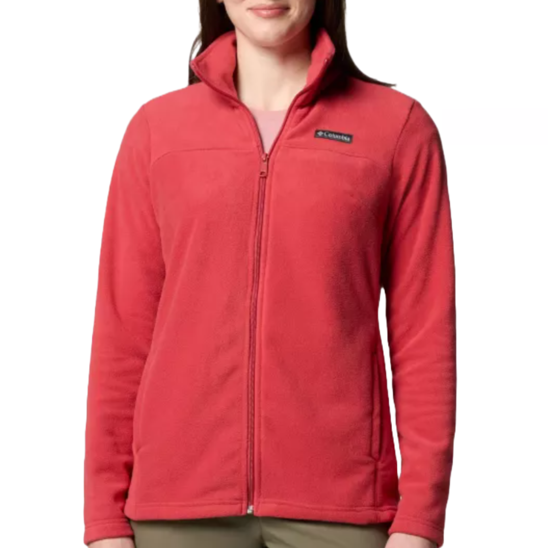 Red fleece jacket with a front zipper and a high collar, featuring a brand logo on the left chest.