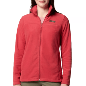 Red fleece jacket with a front zipper and a high collar, featuring a brand logo on the left chest.