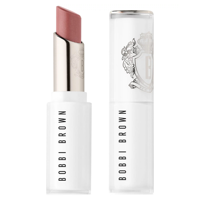 Bobbi Brown lipstick with a sleek white case and logo, featuring a soft rose shade.