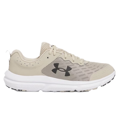 UA Men's Charged Assert 10 is a beige running shoe featuring a mesh upper for breathability, a black Under Armour logo, and a cushioned white sole designed for comfort and support.