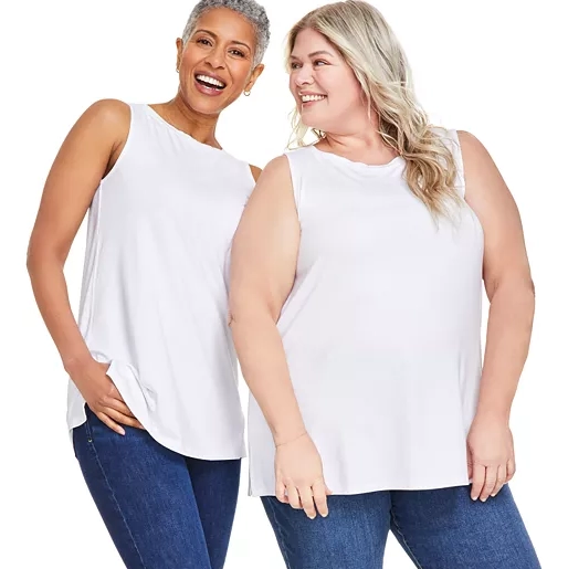 Two women are wearing white sleeveless tank tops with a crew neckline, designed for layering under other garments.