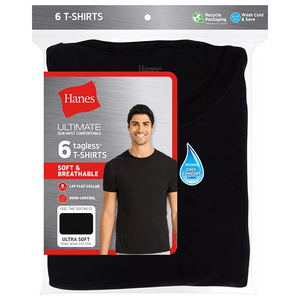 Hanes Ultimate 6 tagless T-shirts, featuring soft, breathable, and ultra-soft ring-spun cotton material. Includes lay flat collar, odor control, and wicking cool comfort fabric. Recyclable packaging is highlighted.