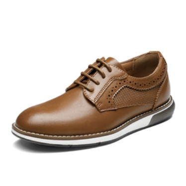 Brown leather oxford shoe with perforated detailing and a black and white rubber sole.