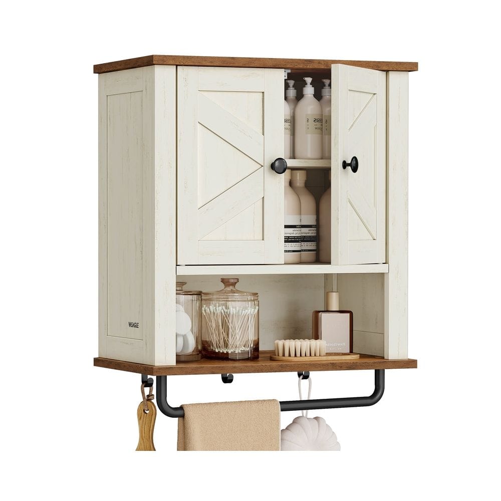 A wall-mounted cabinet with two barn-style doors and an open shelf, featuring bottles, jars, a brush, and a towel rack with hooks.