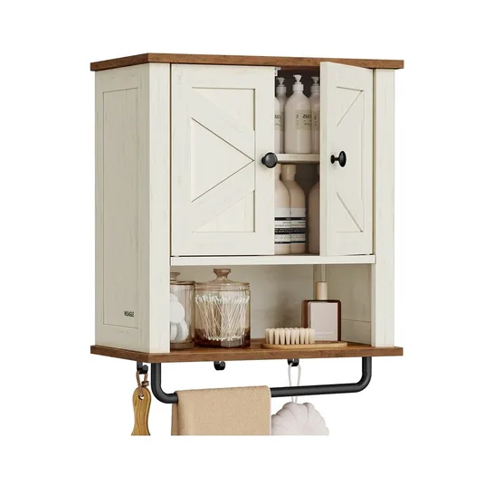 A wall-mounted cabinet with two barn-style doors and an open shelf, featuring bottles, jars, a brush, and a towel rack with hooks.