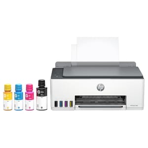 An HP Smart Tank printer is accompanied by four ink bottles in cyan, magenta, yellow, and black.