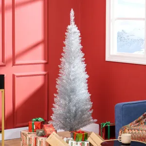 A silver tinsel Christmas tree is set up in a room with red walls, next to a window showing a snowy landscape. Below the tree are wrapped gifts in festive paper and ribbons.