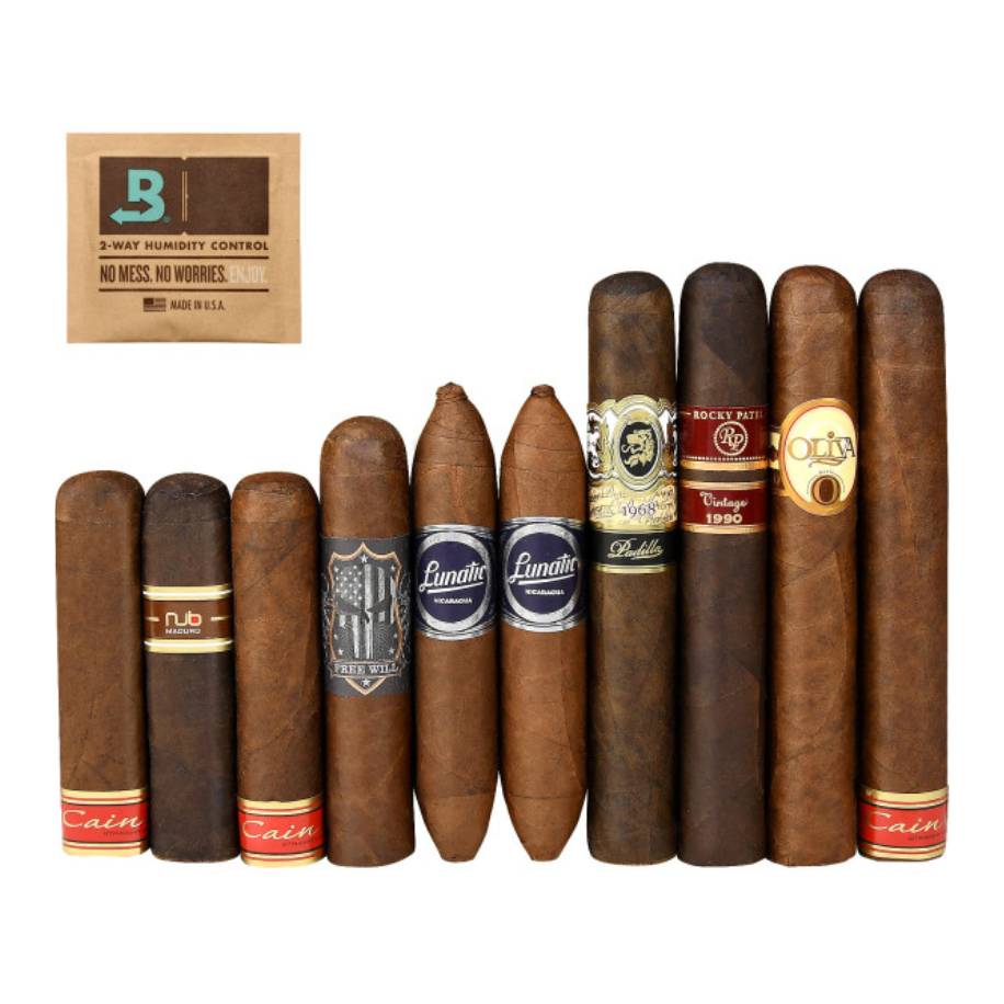 A selection of various branded cigars with a humidity control packet.