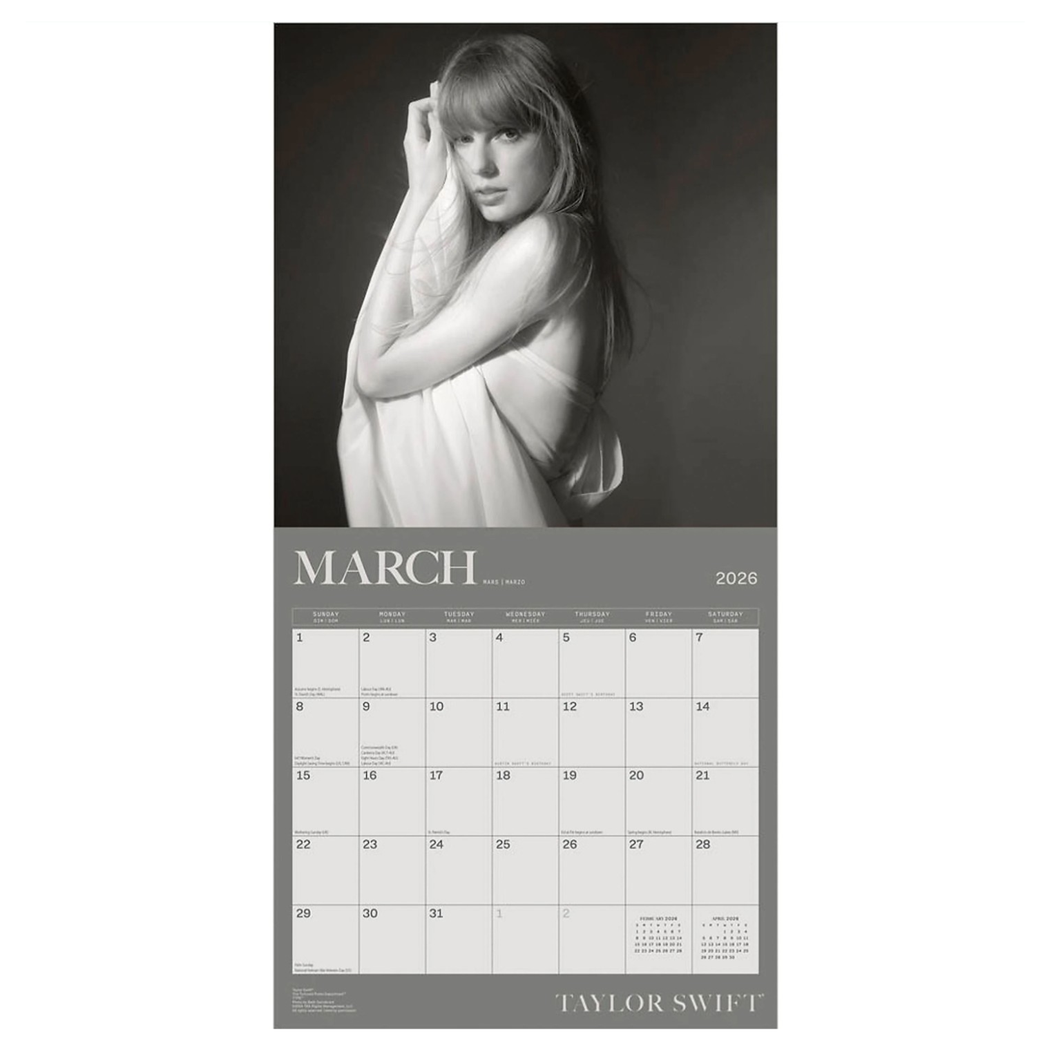 2026 calendar featuring March with a grayscale photo. The lower section includes a standard monthly grid with key dates, and the name \“Taylor Swift\“ at the bottom.