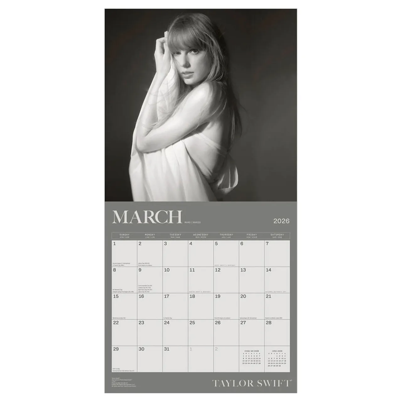 2026 calendar featuring March with a grayscale photo. The lower section includes a standard monthly grid with key dates, and the name \“Taylor Swift\“ at the bottom.