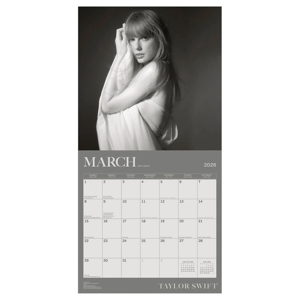 2026 calendar featuring March with a grayscale photo. The lower section includes a standard monthly grid with key dates, and the name \“Taylor Swift\“ at the bottom.