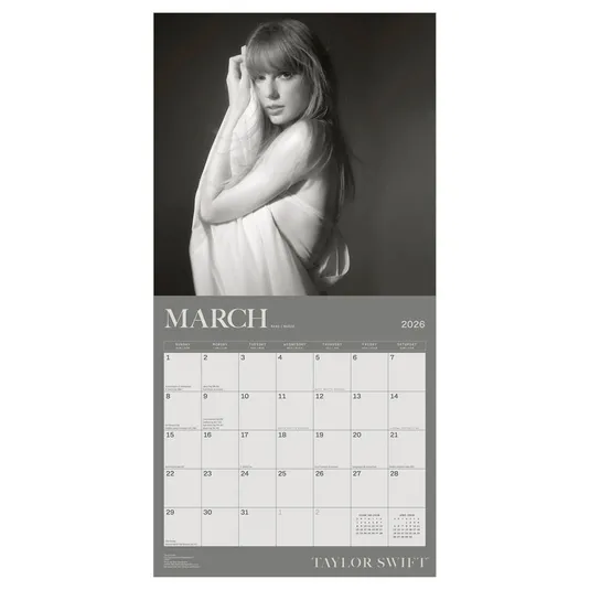 2026 calendar featuring March with a grayscale photo. The lower section includes a standard monthly grid with key dates, and the name \“Taylor Swift\“ at the bottom.