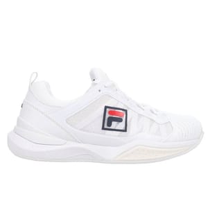A white sneaker with a mesh pattern and the Fila logo on the side, featuring a cushioned sole and lace-up design.