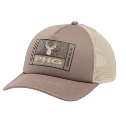 A brown and beige trucker hat with mesh back features a \“Tested Tough,\“ \“PHG,\“ and \“In the Brush\“ design with a deer head and topographic lines, promoting performance hunting gear.